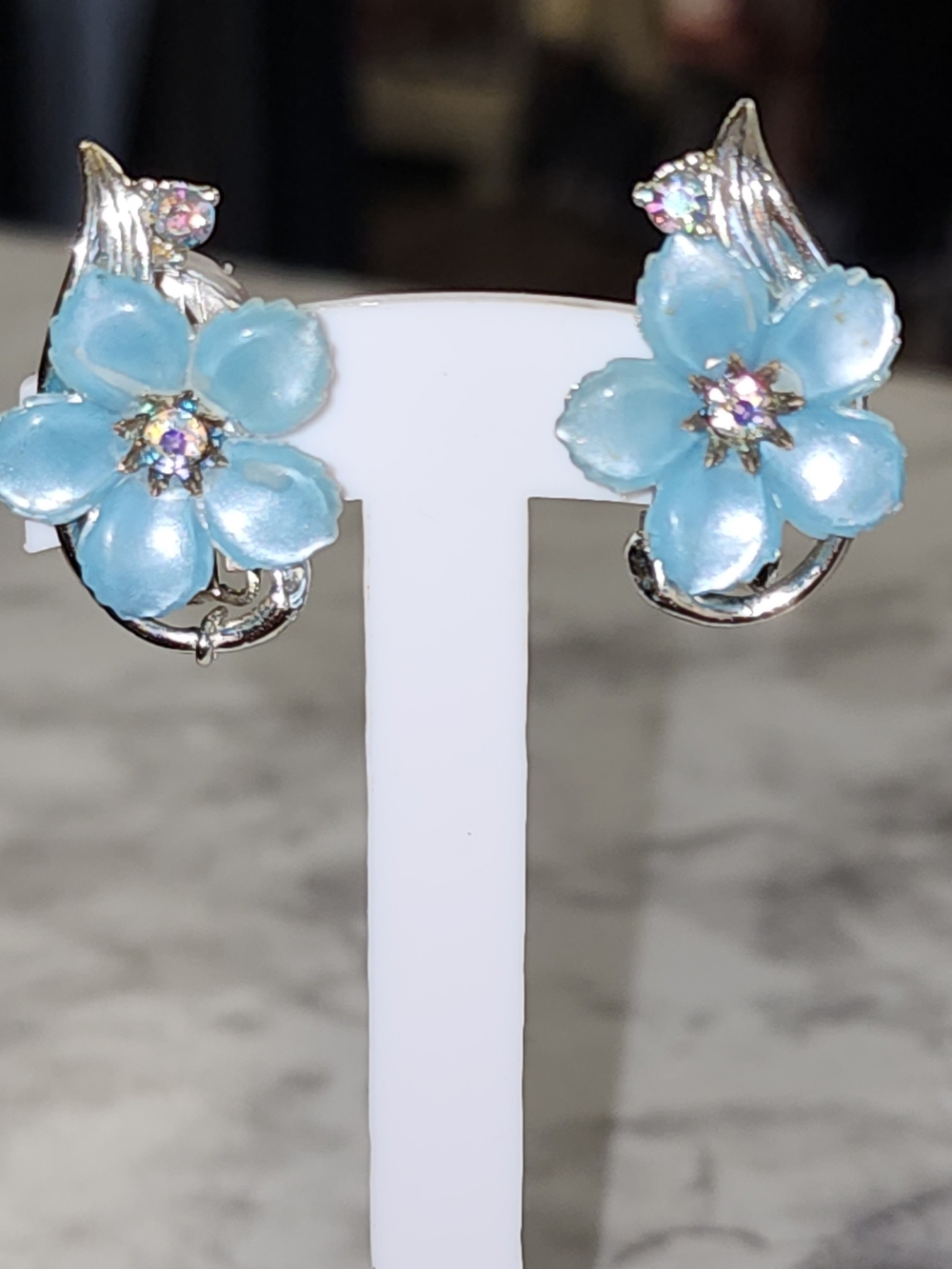 Vintage Coro Light Blue Floral Crystal Stud Earrings